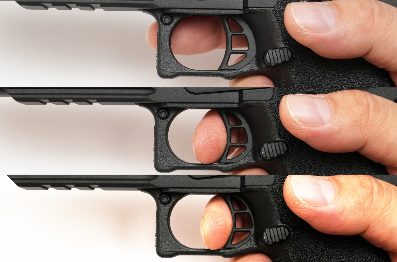 中央はトリガーがシアーに当たるまでの「ファーストステージ」、下はシアーが落ちる「セカンドステージ」。トータルのストロークもとても短い