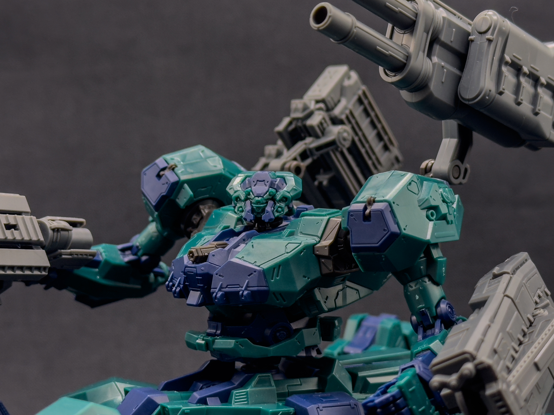 頭部のアップ。クモを連想させるデザインの頭部となっており左右に広い形状です。