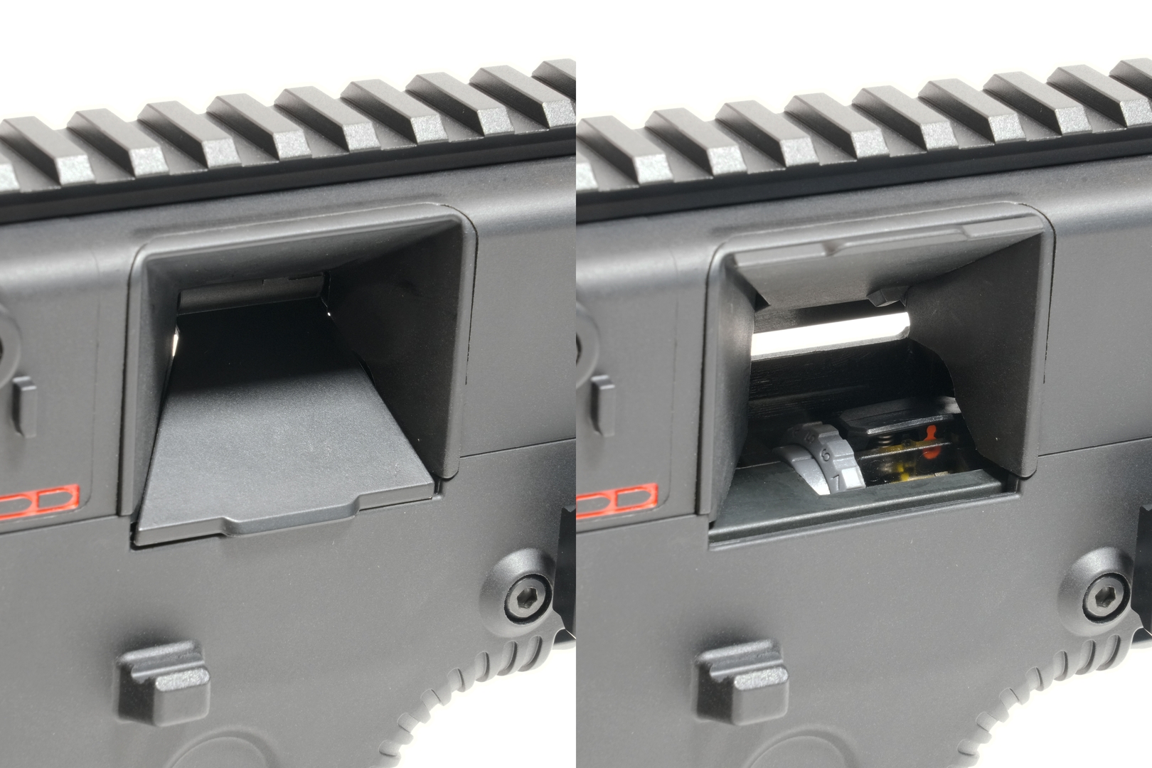 チャージングハンドルを引くとダストカバーが開く。奥に回すと強ホップ、手前に回すと弱ホップ