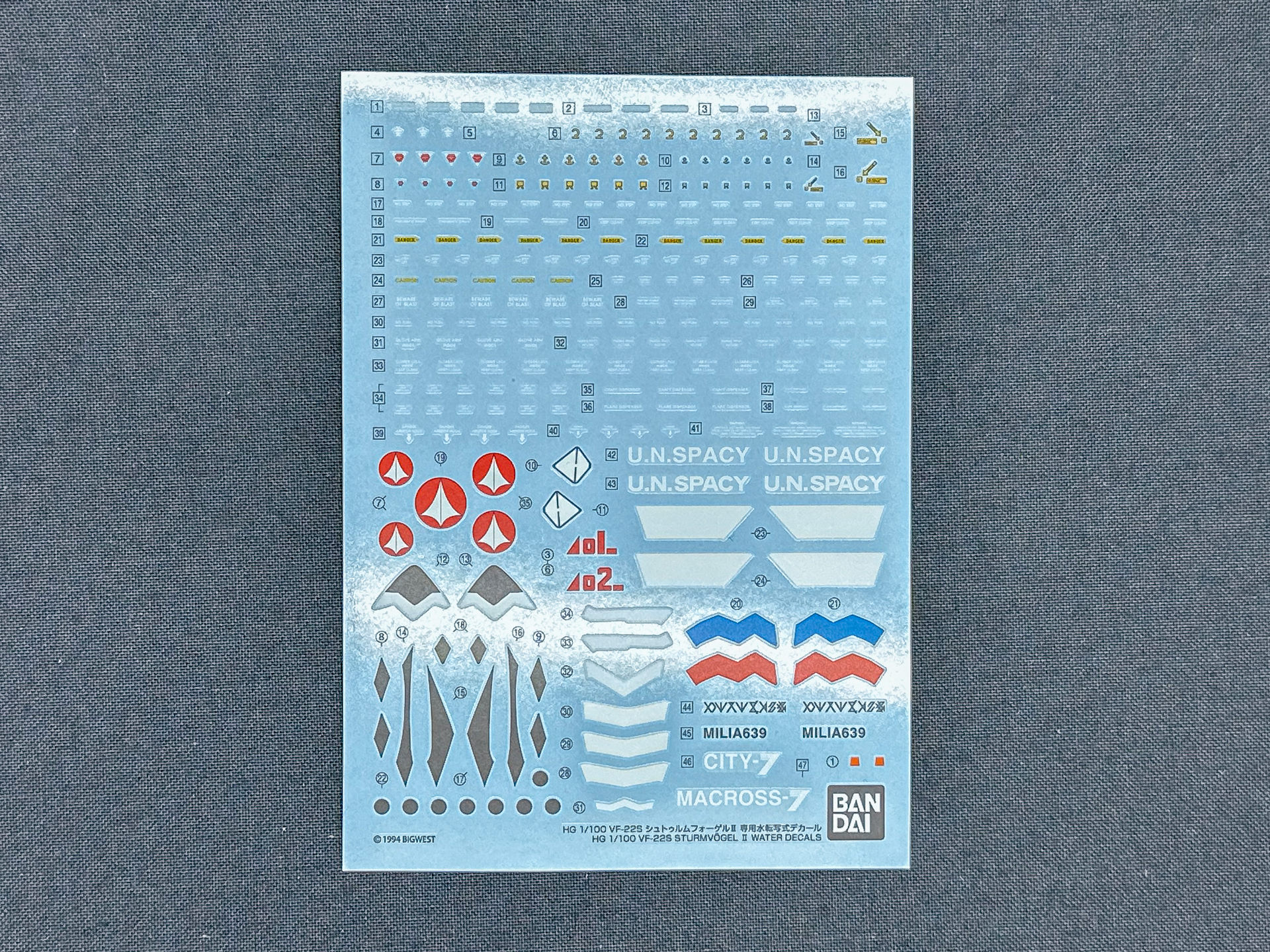 「HG 1/100 VF-22S シュトゥルムフォーゲルII 専用水転写式デカール」が同時発売。2月発売予定の「HG 1/100 VF-22S シュトゥルムフォーゲルII(マクシミリアン・ジーナス機)」にも使用できます。