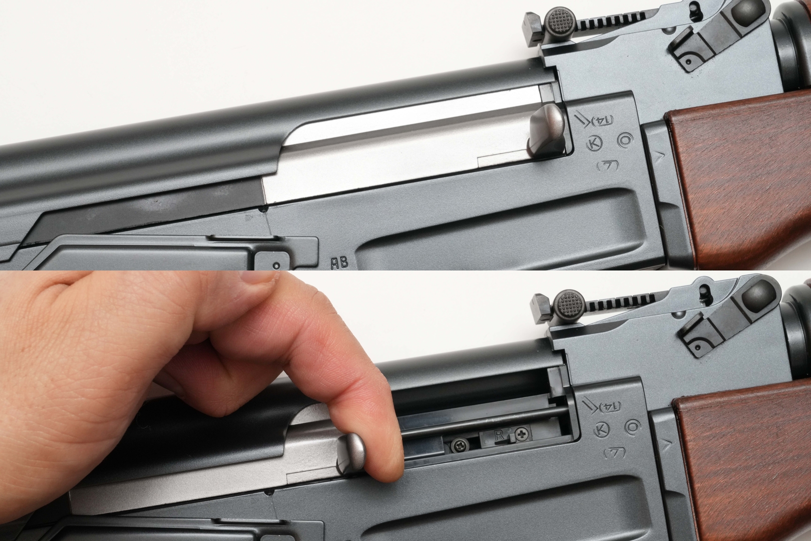 ボルトハンドルを引くとホップ調整用レバーが現れる