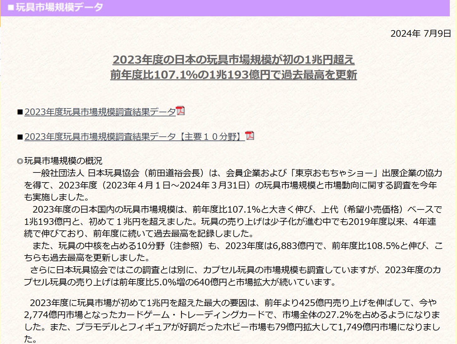 日本玩具業界が2024年7月に発表した 「2023年度玩具市場規模調査結果データ」。フィギュアがホビー分野で大きく伸びたという