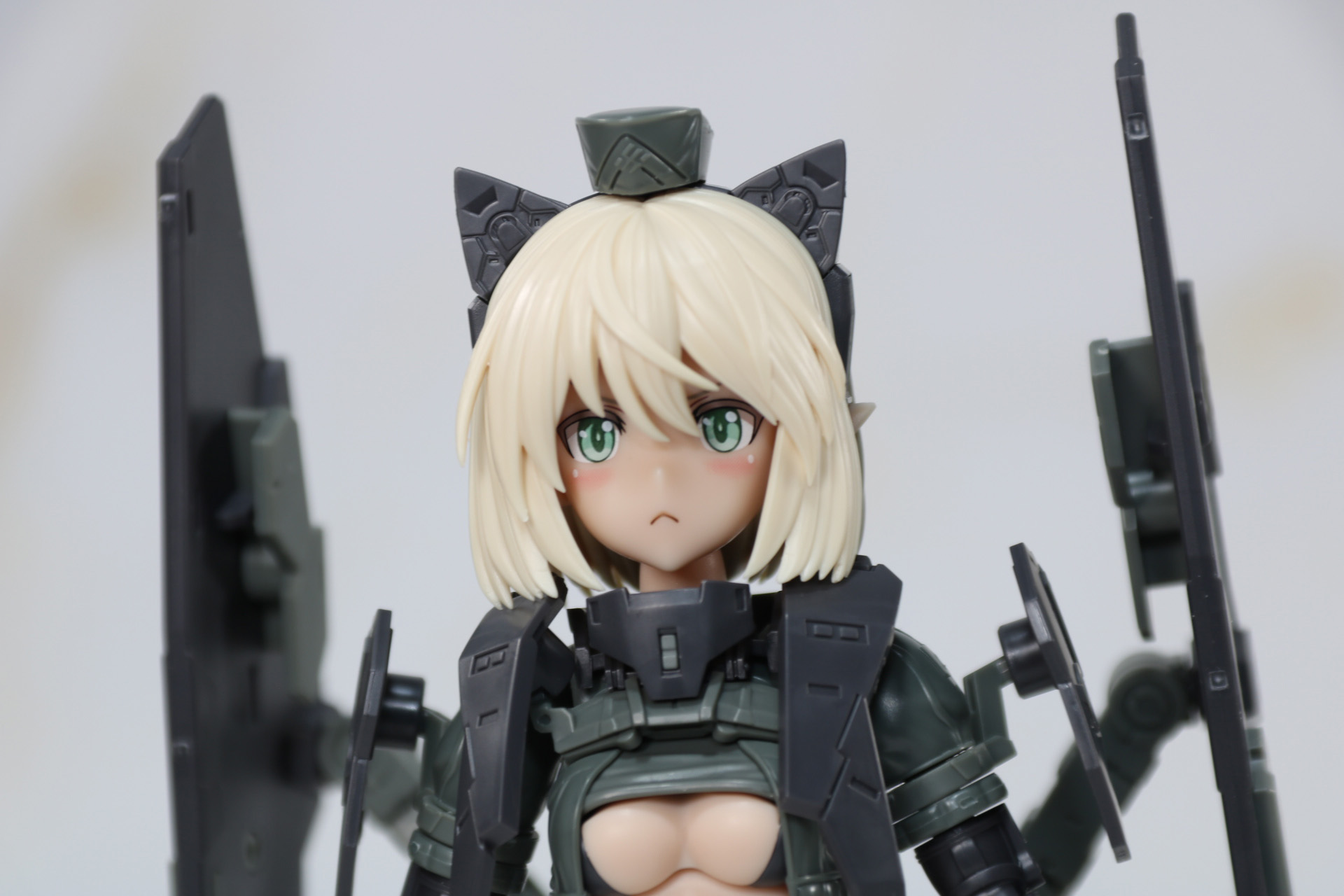 表情や髪の情報量の高さ、そして帽子やネコミミ型のアクセサリで可愛らしくも凛々しい雰囲気になっている