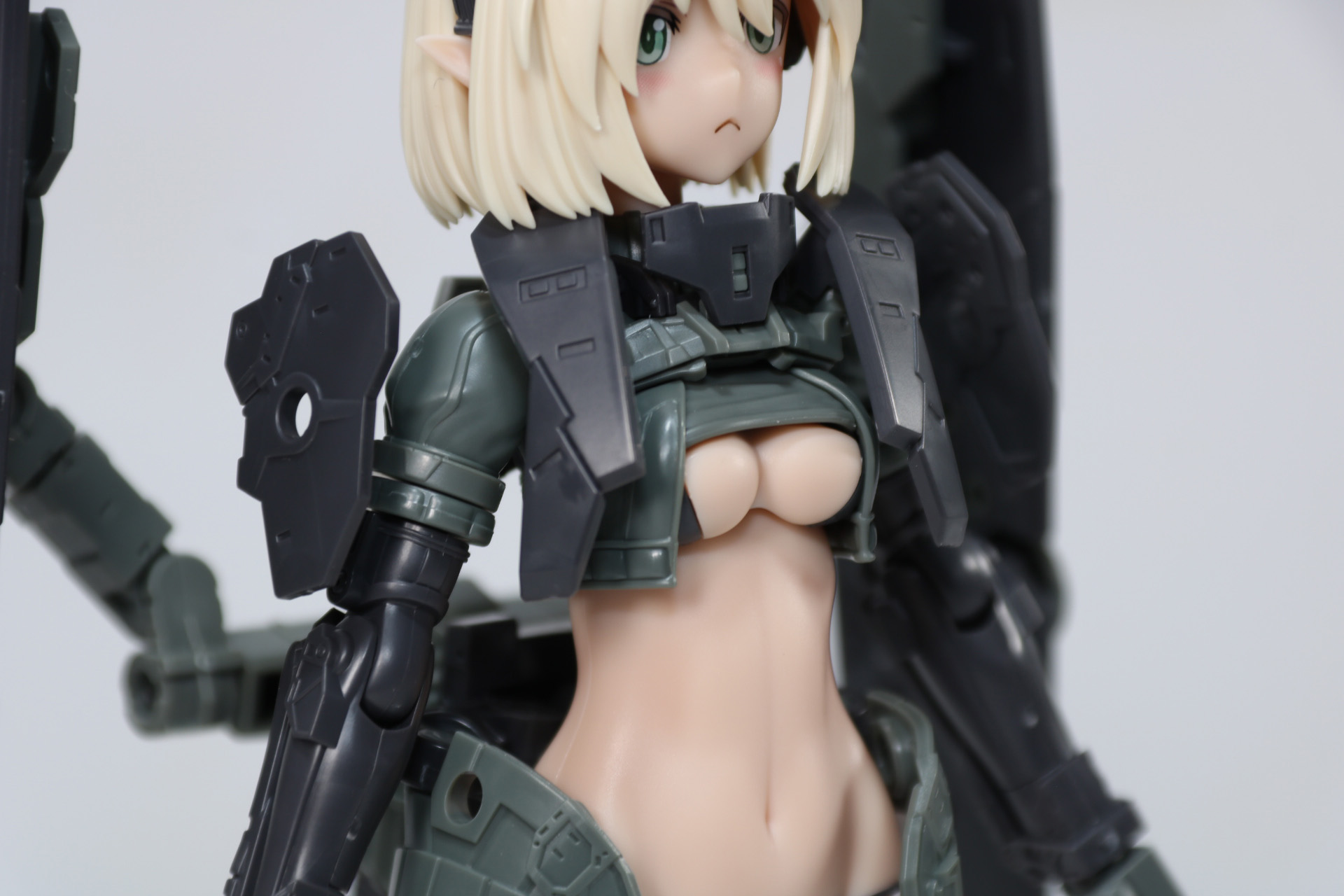 大胆な短いジャケットと露出したお腹周り、重厚な装甲が絶妙なバランスで構築されている