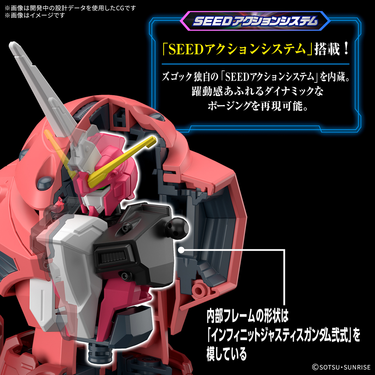 キットはインフィニットジャスティスガンダム弐式の胸部などがフレームパーツとして設計されています