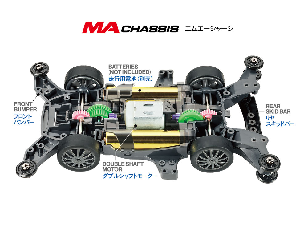 ダブルシャフトモーター採用のMAシャーシは本体はグレイ、Aパーツはブラックでコーディネート。ギヤ比は3.5:1の超速タイプ