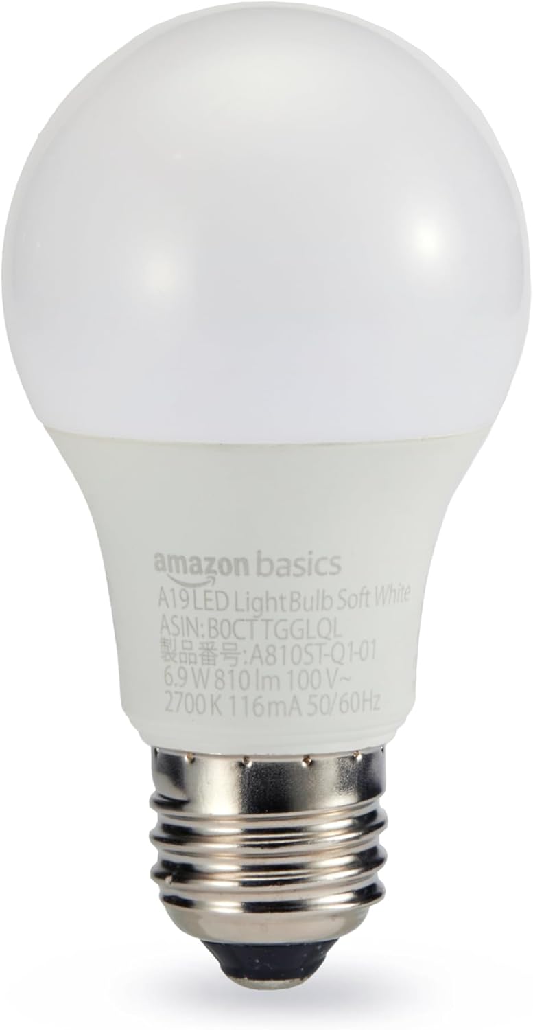 Amazonベーシック A19/E26口金 LED電球 60W型 電球色/ソフトホワイト 非調光 810lm 2個パック