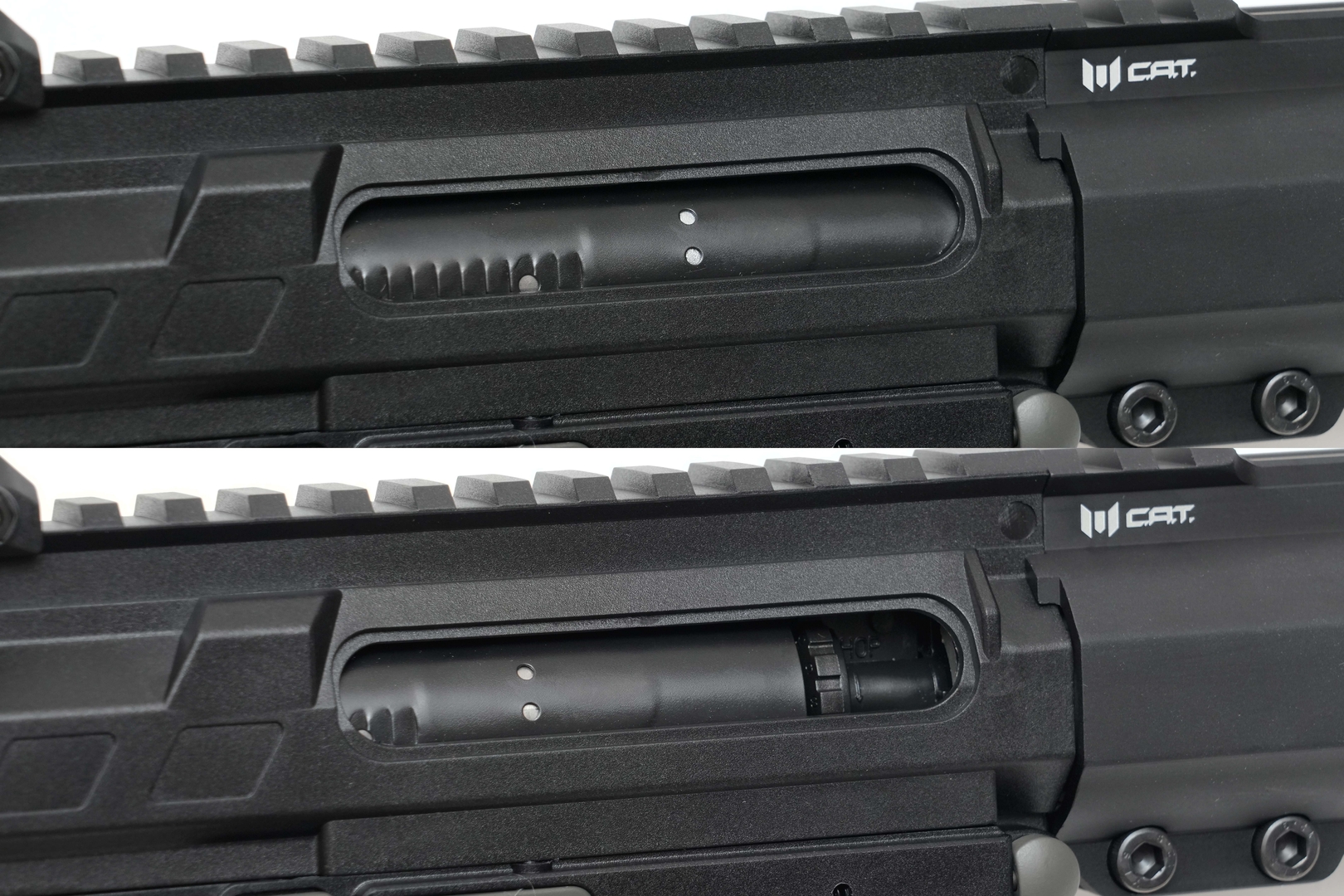 チャージングハンドルを引けば、エジェクションポートが開いたままになる