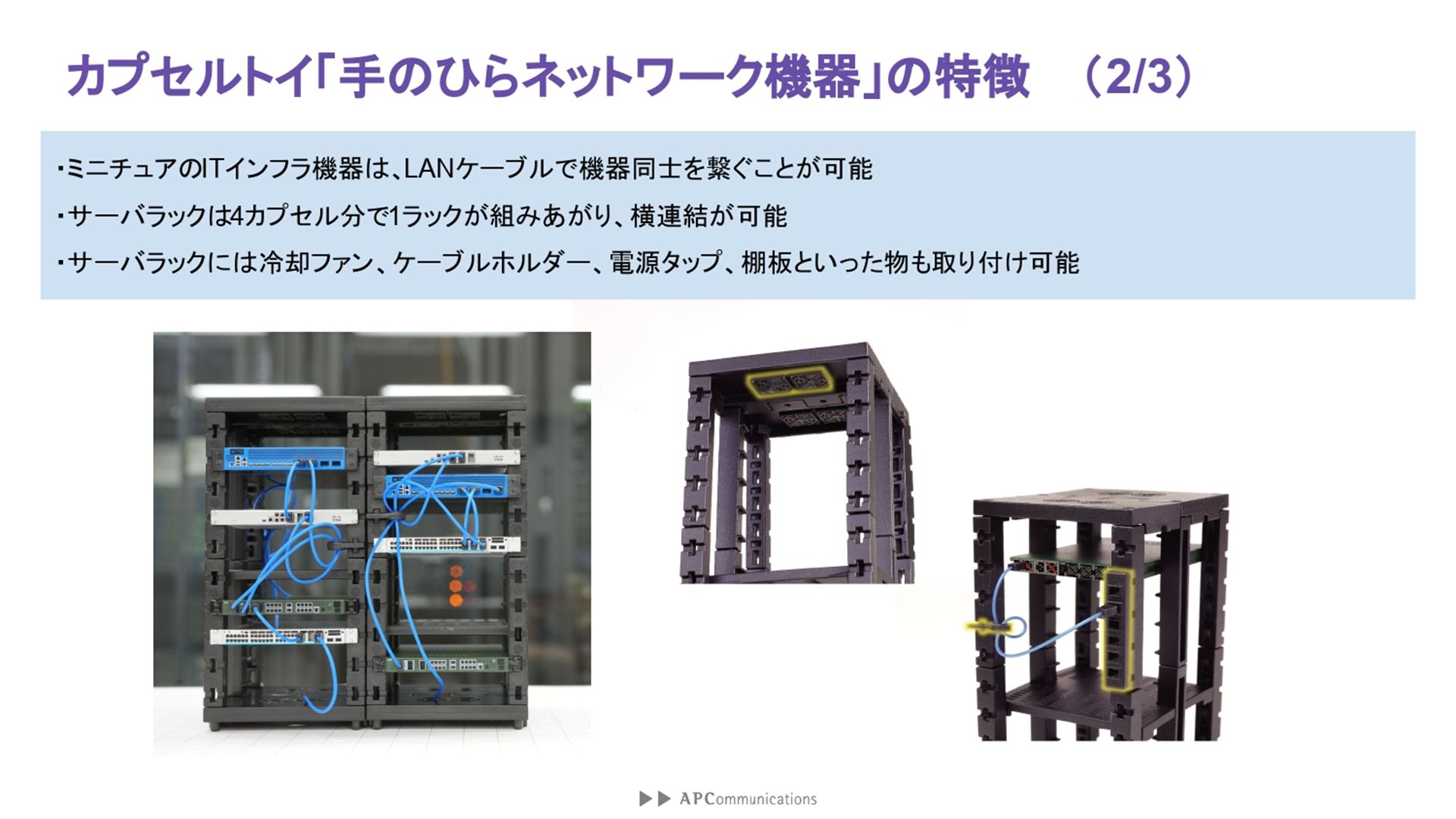 また、LANケーブルで機器同士を繋ぐことが可能であり、サーバーラックのパーツも付属する（4カプセルで1ラックが組み上がる）。サーバーラックには冷却ファンやケーブルホルダー、電源タップなども取り付け可能だ