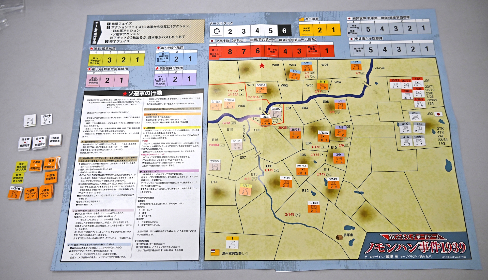 「ノモンハン事件1939」のコマなどの初期配置。日本軍は二手に分かれてハルハ河とホルステン河の渡河流域「川又」を目指す。日ソ両軍の主力部隊の耐久力と戦闘力は、欄外の部隊トラックで管理する