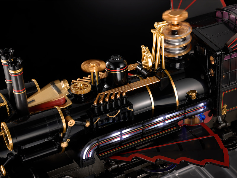 車体に搭載された各部スチームパンクなパーツはギアレーションにてそれぞれ回転数や方向を変えて電動稼働。側面の白い発光も劇中に合わせてリレー動作を実現
