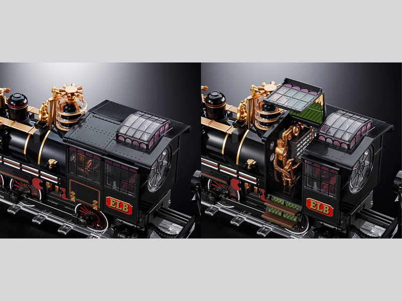 運転席の扉は劇中同様、ガルウイング方式で展開。公式資料を参考に内部の各種メーターや座席なども精密に彫刻されている