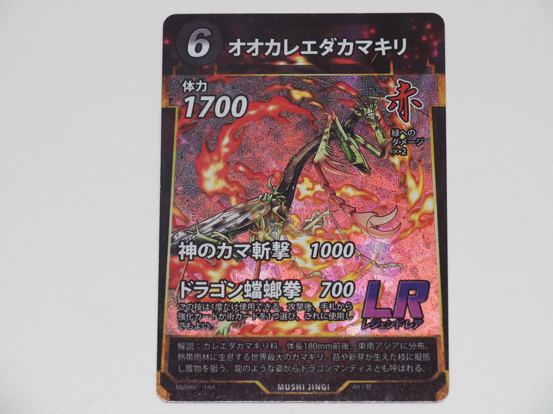 赤6コストのLRカード「オオカレエダカマキリ」。手札から強化カードや術カードを１枚選んで使える強力な技「ドラゴン螳螂拳」を持つ
