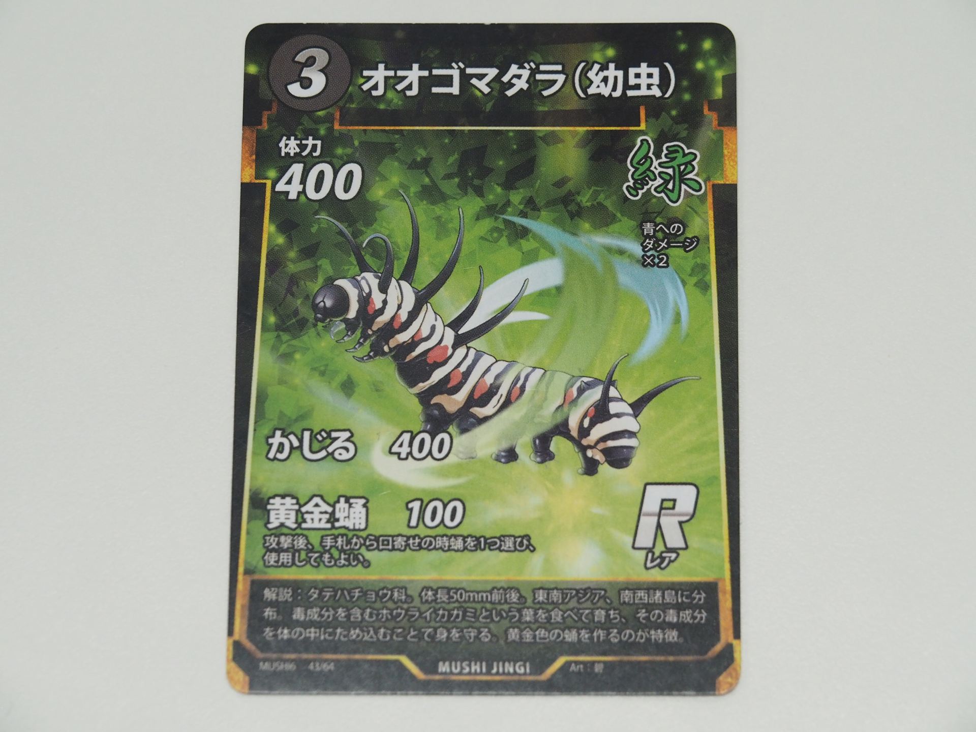 緑3コストのRカード「オオゴマダラ（幼虫）」。先行体験会で初出のカード。攻撃後、手札から口寄せの時蛹をコストを払わずに使える技「黄金蛹」を持つ