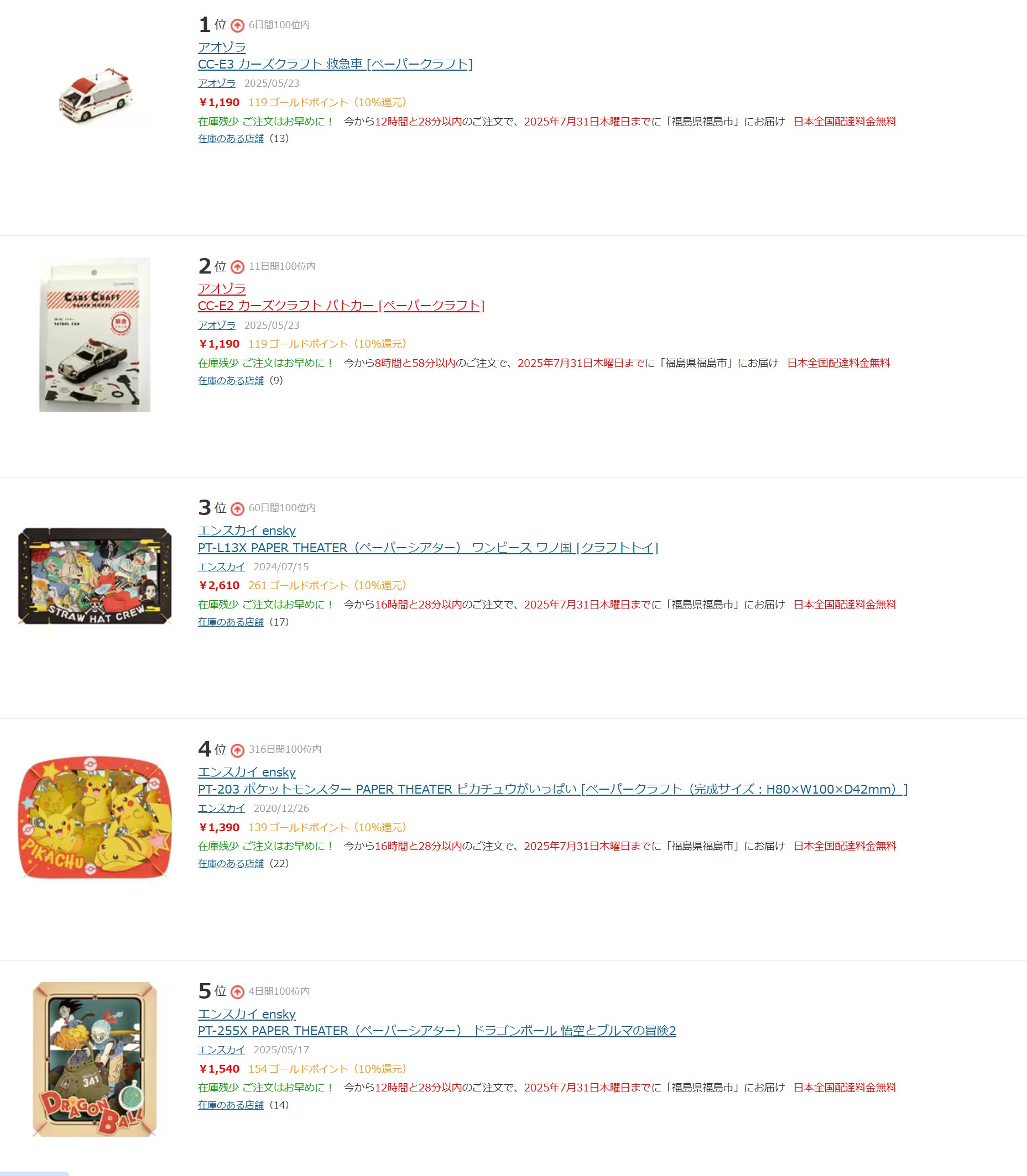 ヨドバシカメラのペーパークラフト部門のランキング
