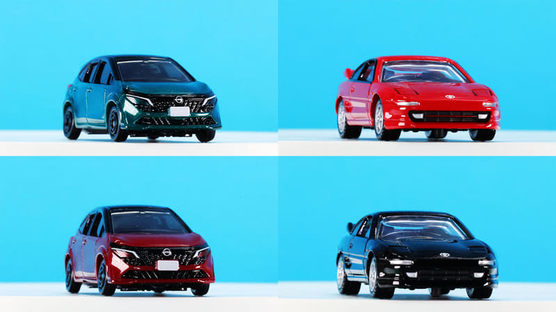 No.47 日産 ノート オーラ（左上：通常仕様、左下：初回特別仕様）／42 トヨタ MR2（SW20）（右上：通常仕様、右下：発売記念仕様）