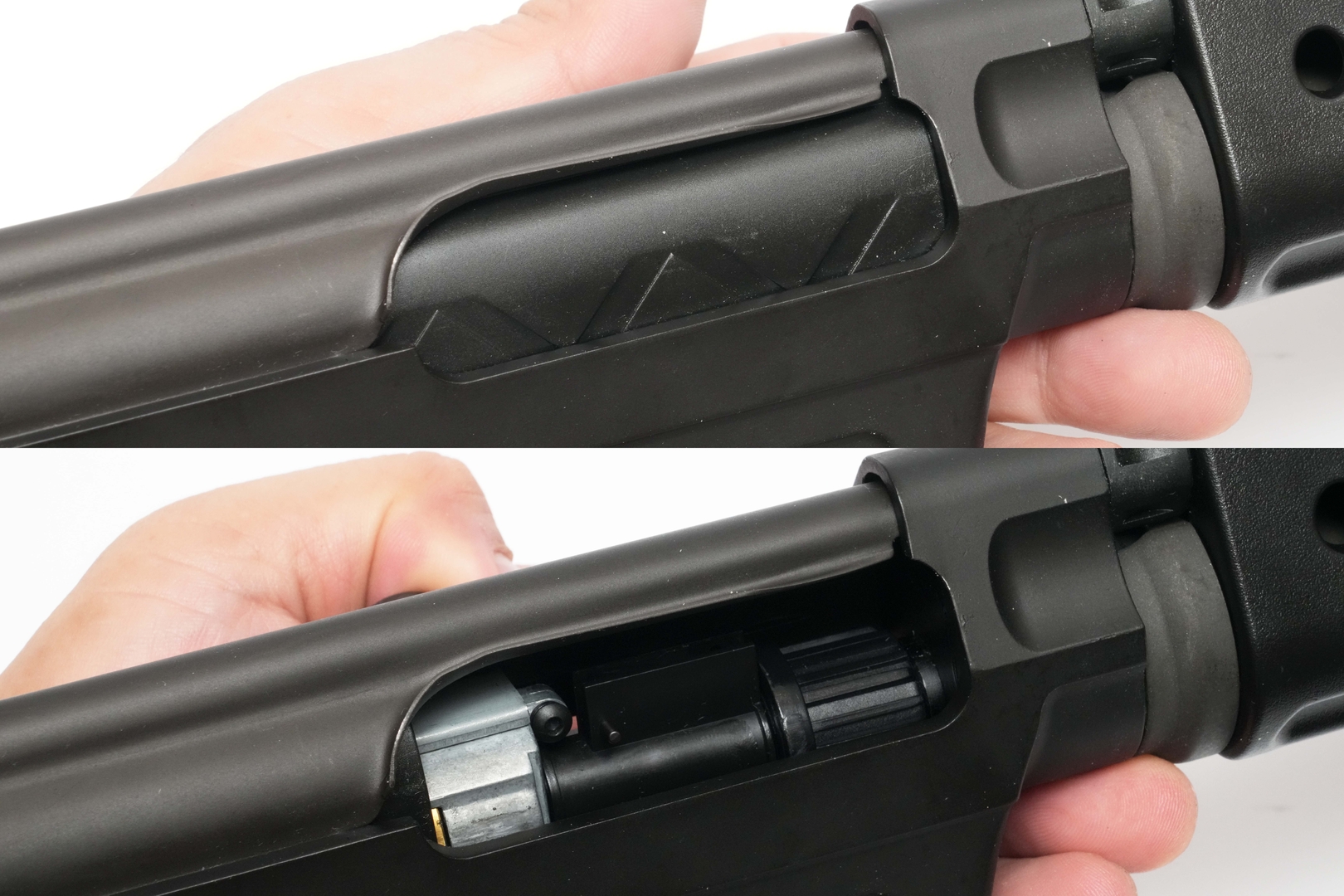 チャージングハンドルを引くと、ドラム式のホップダイヤルが現れる