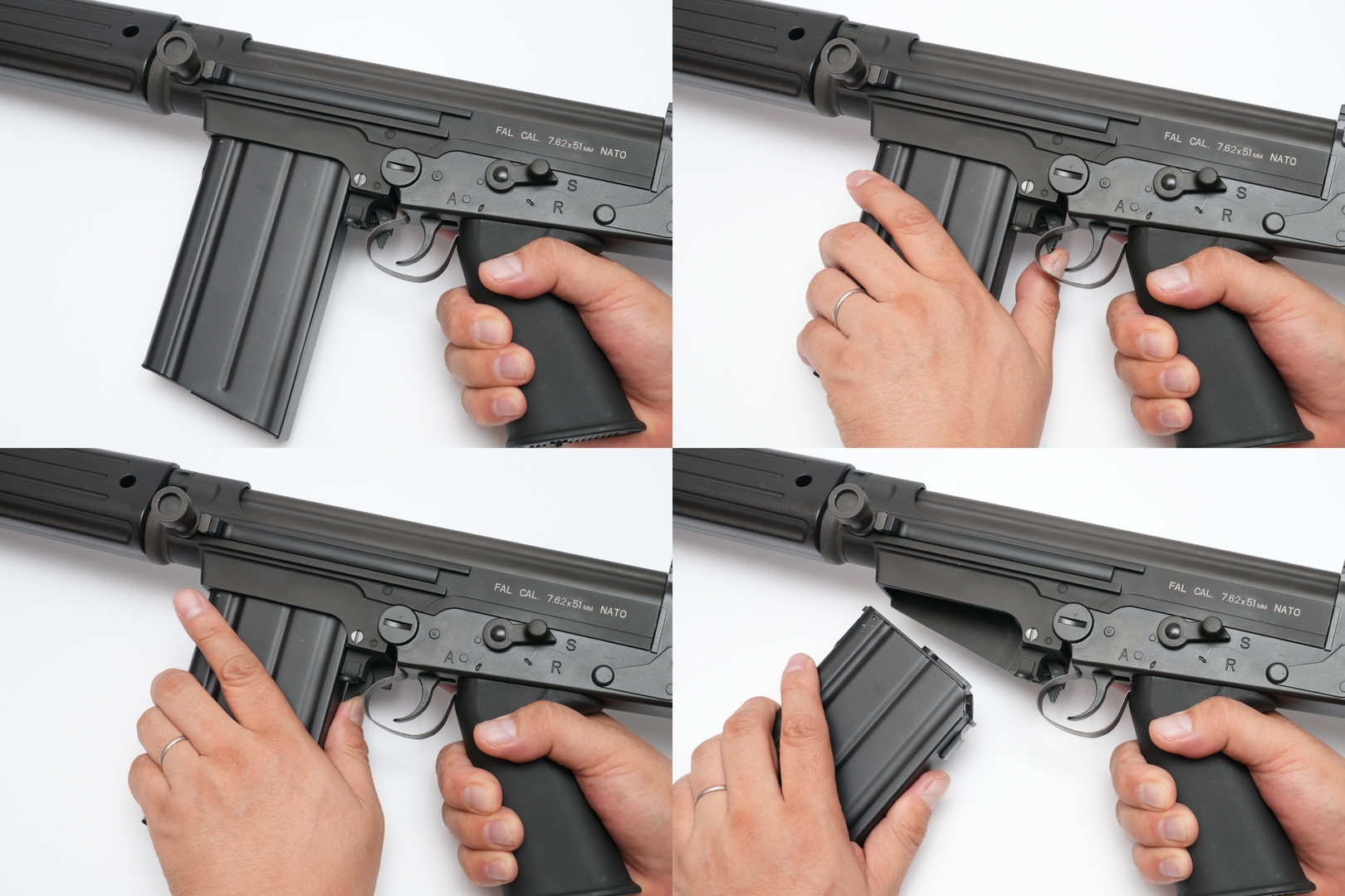 マガジンリリースレバーを前に押してから、マガジン下部を前に押し出すようにすれば抜ける