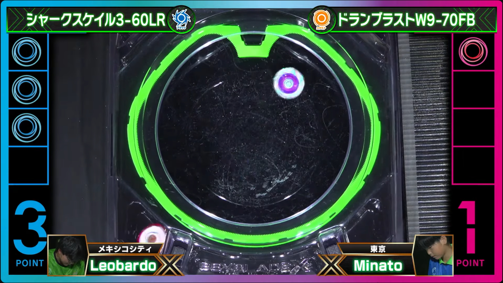 Leobardo選手の使用ベイはシャークスケイル3-60LR、ウィザードロッド1-60H、エアロペガサス7-60L、対するMinato(ミナト)選手の使用ベイはエアロペガサス7-60R、ドランブラストW9-70FB、ウィザードロッド7-70LR