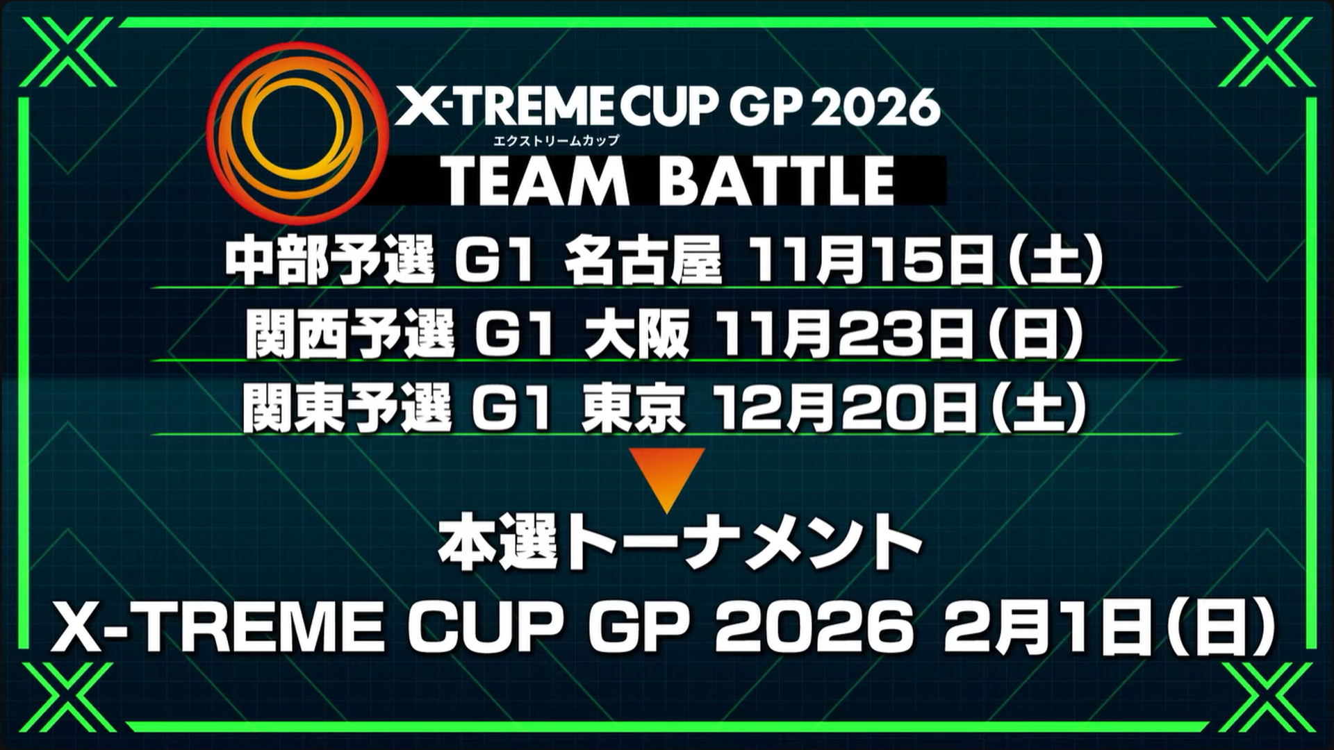 試合終了後の配信では、チーム戦の全国大会「X-TREME CUP GP 2026 TEAM BATTLE」の開催が発表された。本選トーナメントは2026年2月1日で、予選は11月から順次開催。応募については今週中に開始となる予定