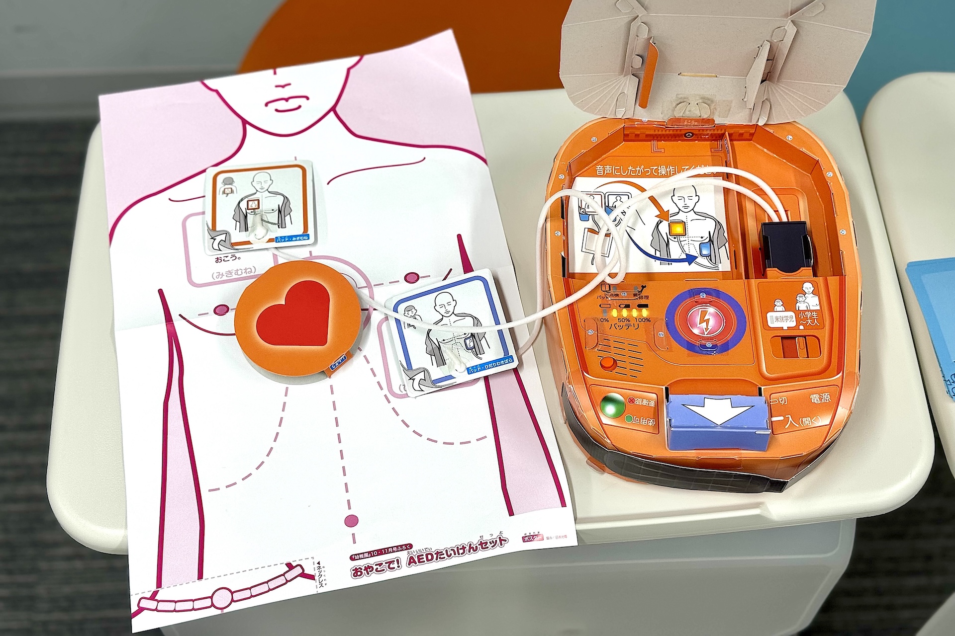 医療機器メーカーの「日本光電」とのコラボ付録で、「普及タイプAED」をほぼ同じサイズで再現した工作セットとなっている