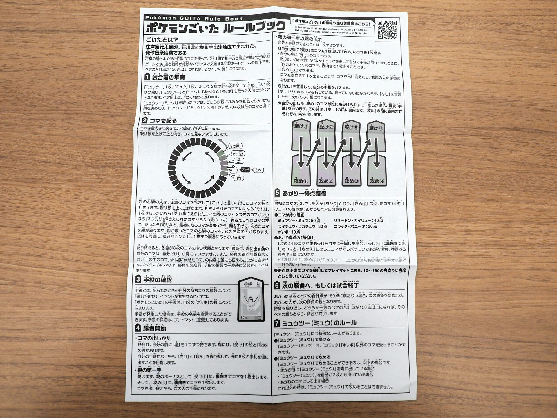 ルールブック。基本ルールは相手が攻めとして出したコマと同じコマで受け、好きなコマで攻め、最初に手持ちのコマをすべて出した人が勝ちというものだ