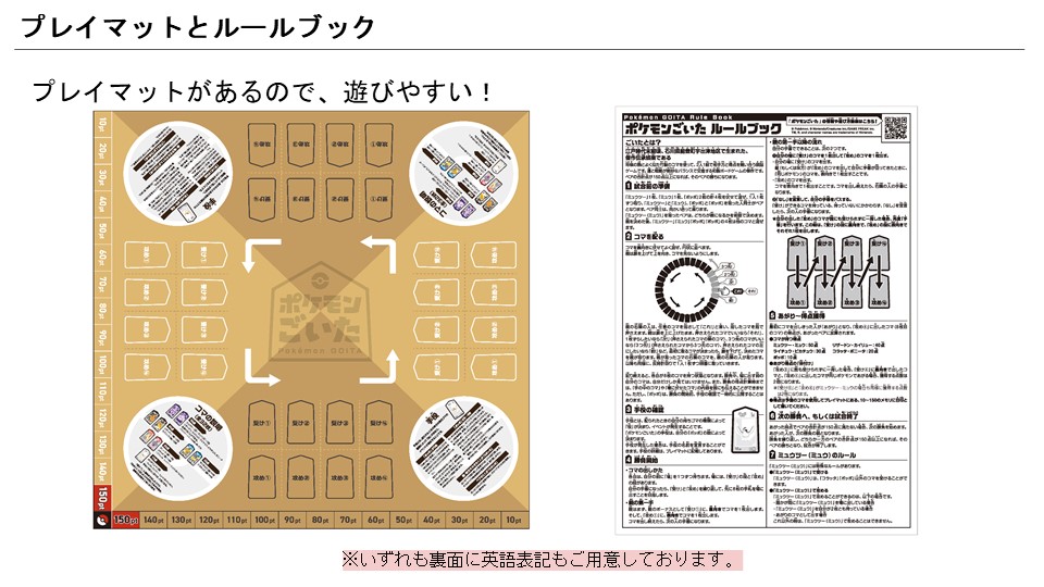 プレイマットとルールブックが付属しており、それぞれ裏面は英語表記になっているので、海外の人とも遊べる
