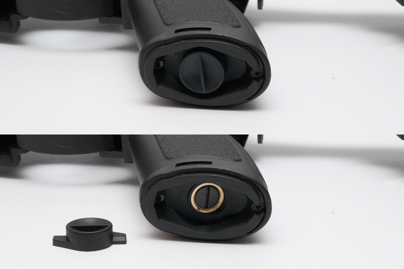 「HK V2バトルグリップ」は、モーター位置調整用のネジがカバーで隠されている