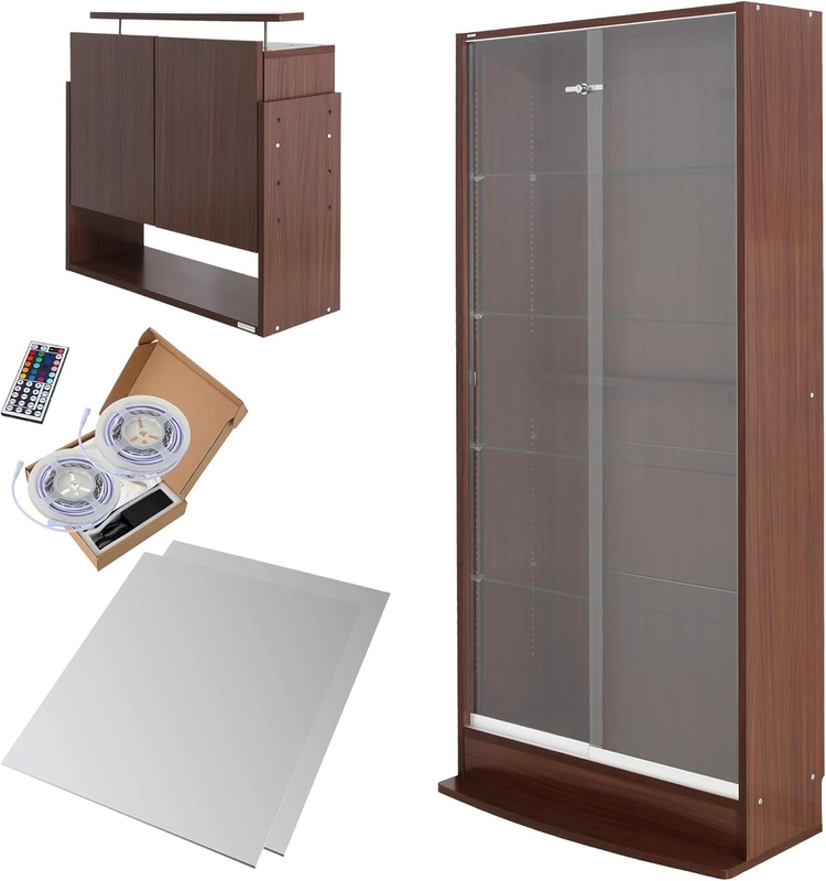 JAJAN フィギュアラック サード ワイド RGB LED付き 本体（引き戸）ハイタイプ+ 上置きハイタイプ+ 背面ミラー2枚 幅83cm奥行29cm [対応天井高：241-274cm]ブラウン