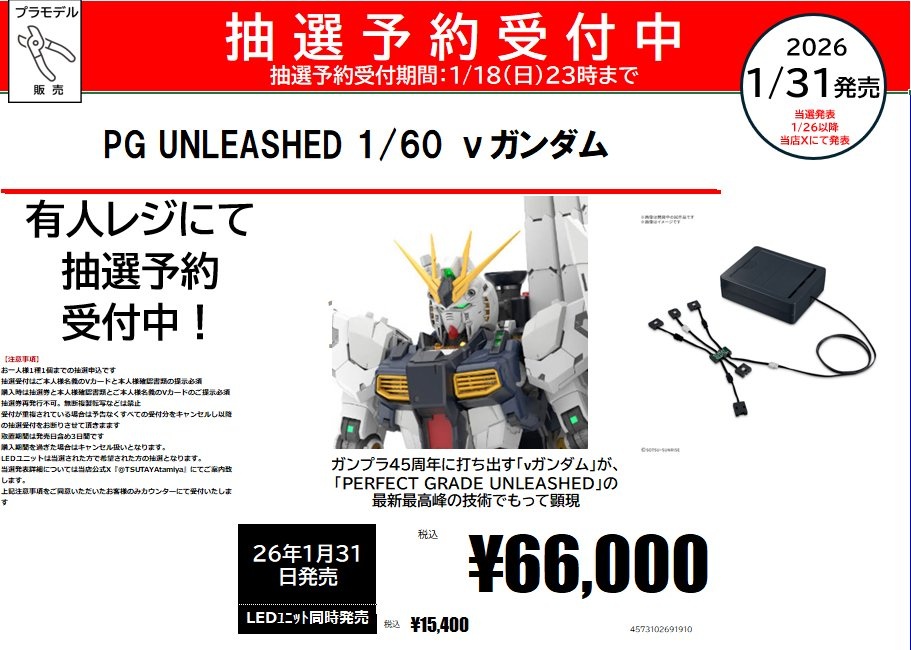 TSUTAYA田宮店「PG UNLEASHED 1/60 νガンダム」抽選販売情報