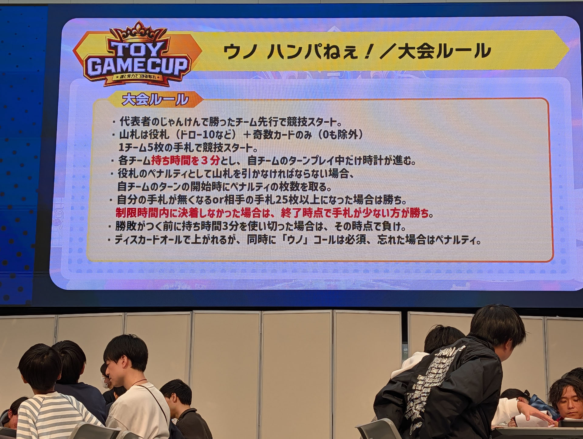 大会ルールでは、チームの持ち時間などが設定されており、さらに難易度が上がっている。もちろん「ウノ」コールは必須事項だ