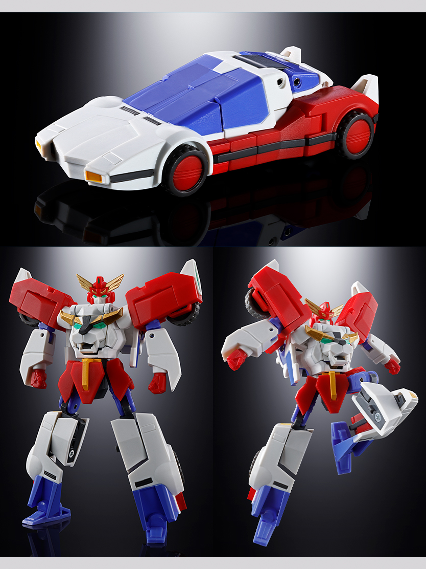 「キングローダーーーーッ！」ビークルから変形する「エクスカイザー」も各関節が可動し、アクションポーズを取ることが可能！