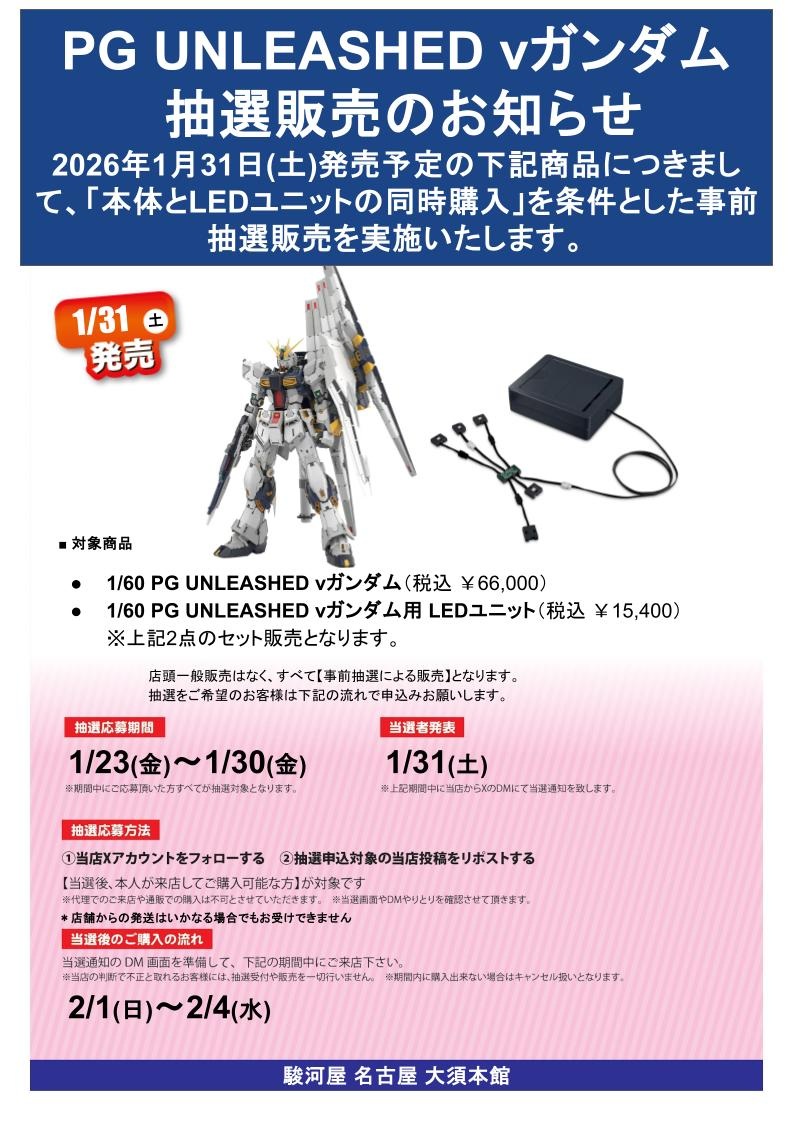 駿河屋名古屋大須本館「PG UNLEASHED νガンダム（本体＋LEDユニット セット）」事前抽選販売情報