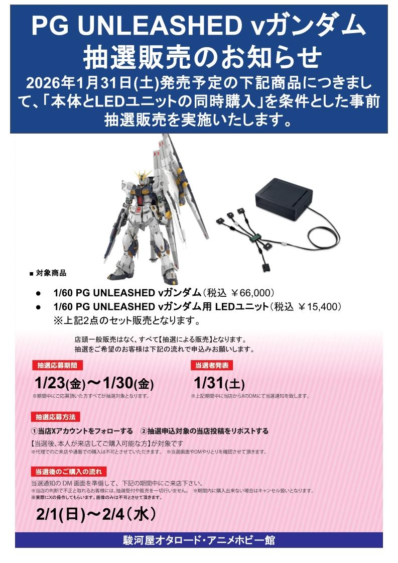 駿河屋オタロード アニメ・ホビー館「PG UNLEASHED νガンダム（本体＋LEDユニット セット）」事前抽選販売情報