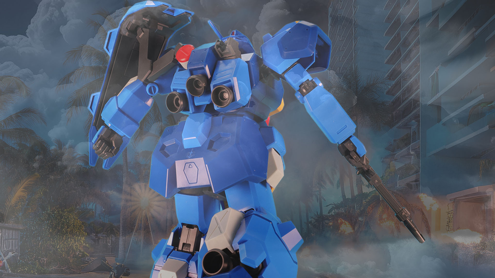 爆煙をものともせず、戦場を支配する巨大なモビルスーツ