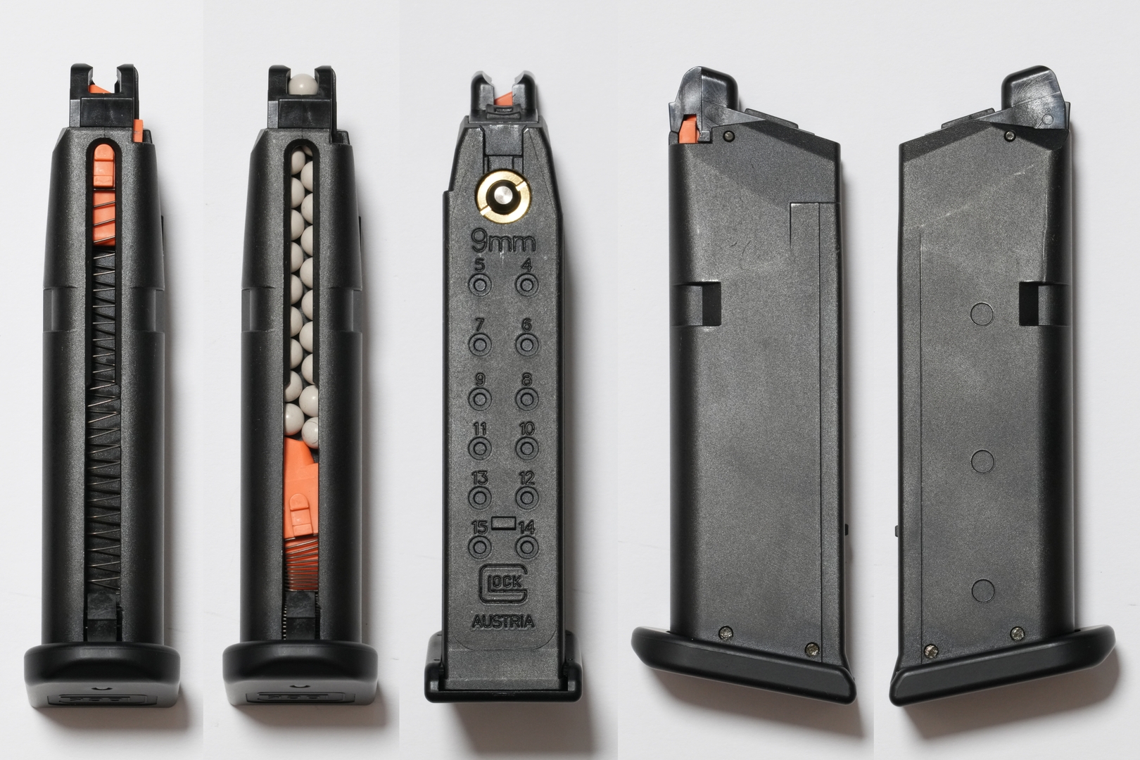 左から「G19用スペアマガジン・バージョン2.0」の前面、22発のBB弾装填時の前面、背面、左側面、右側面