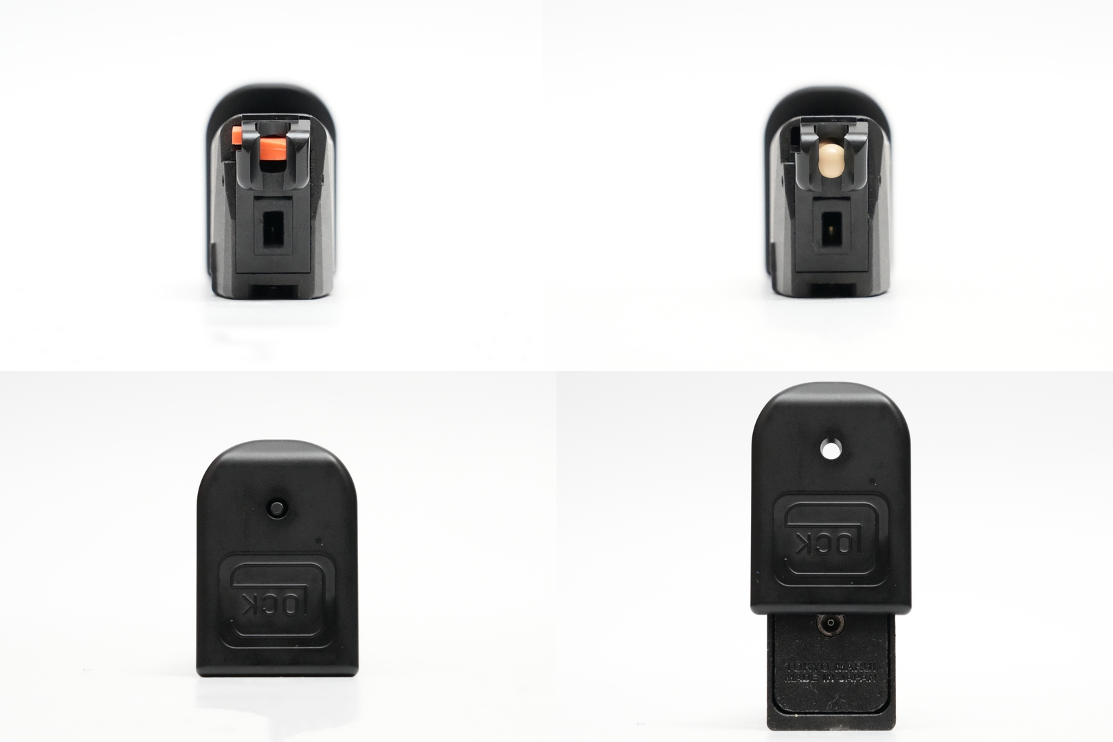 左上から上面、BB弾装填時の上面、下面、マガジンバンパーをずらしたときの下面