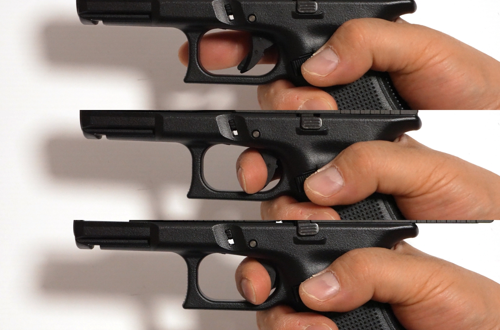 中央が引き切る直前、下が引き切った位置。トリガーセーフティーの動きは非常にスムーズだ