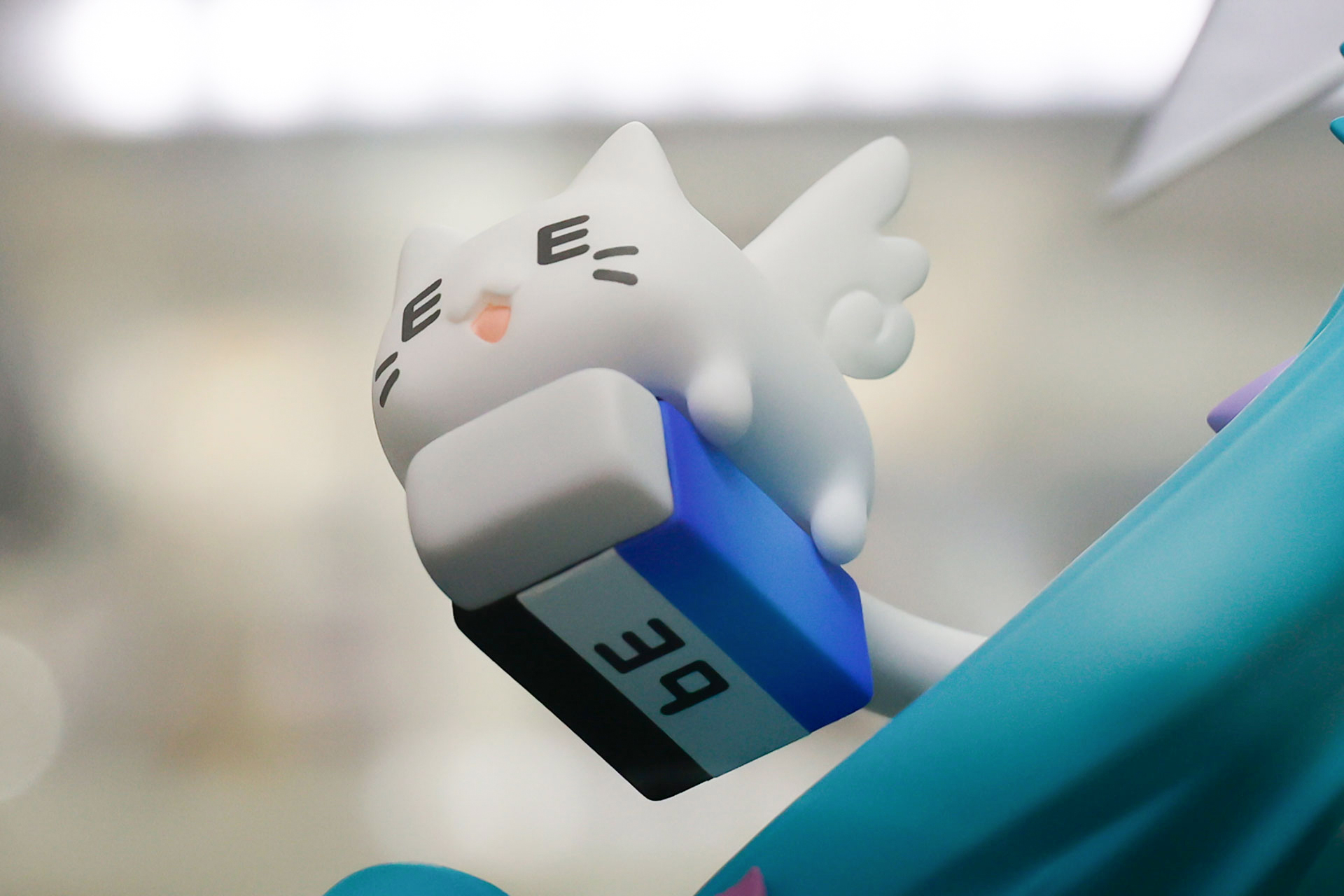 消しゴムを抱えた白猫の目は「E」の形になっている