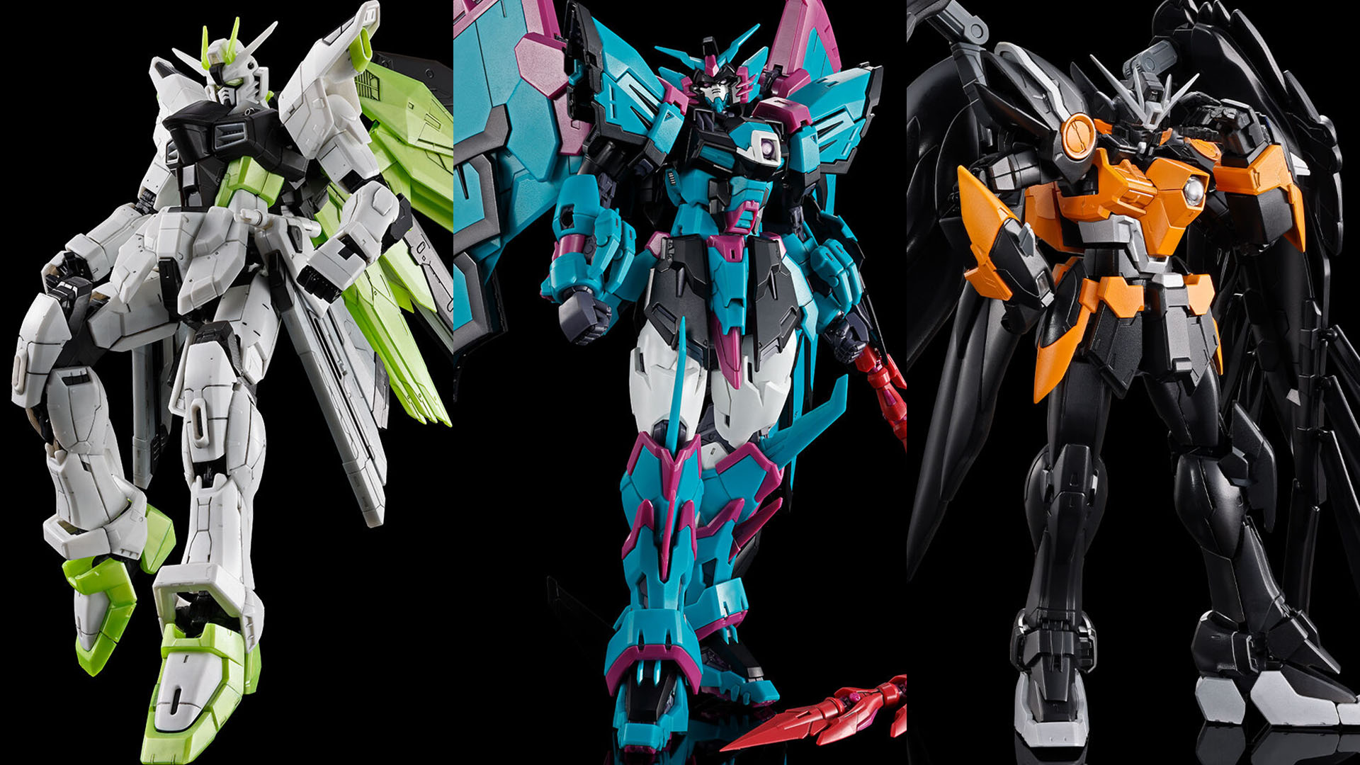 左からフリーダムガンダム（クリプト）、ガンダムエピオン（オルター）、ウイングガンダムゼロ EW（ヴァルキリー）