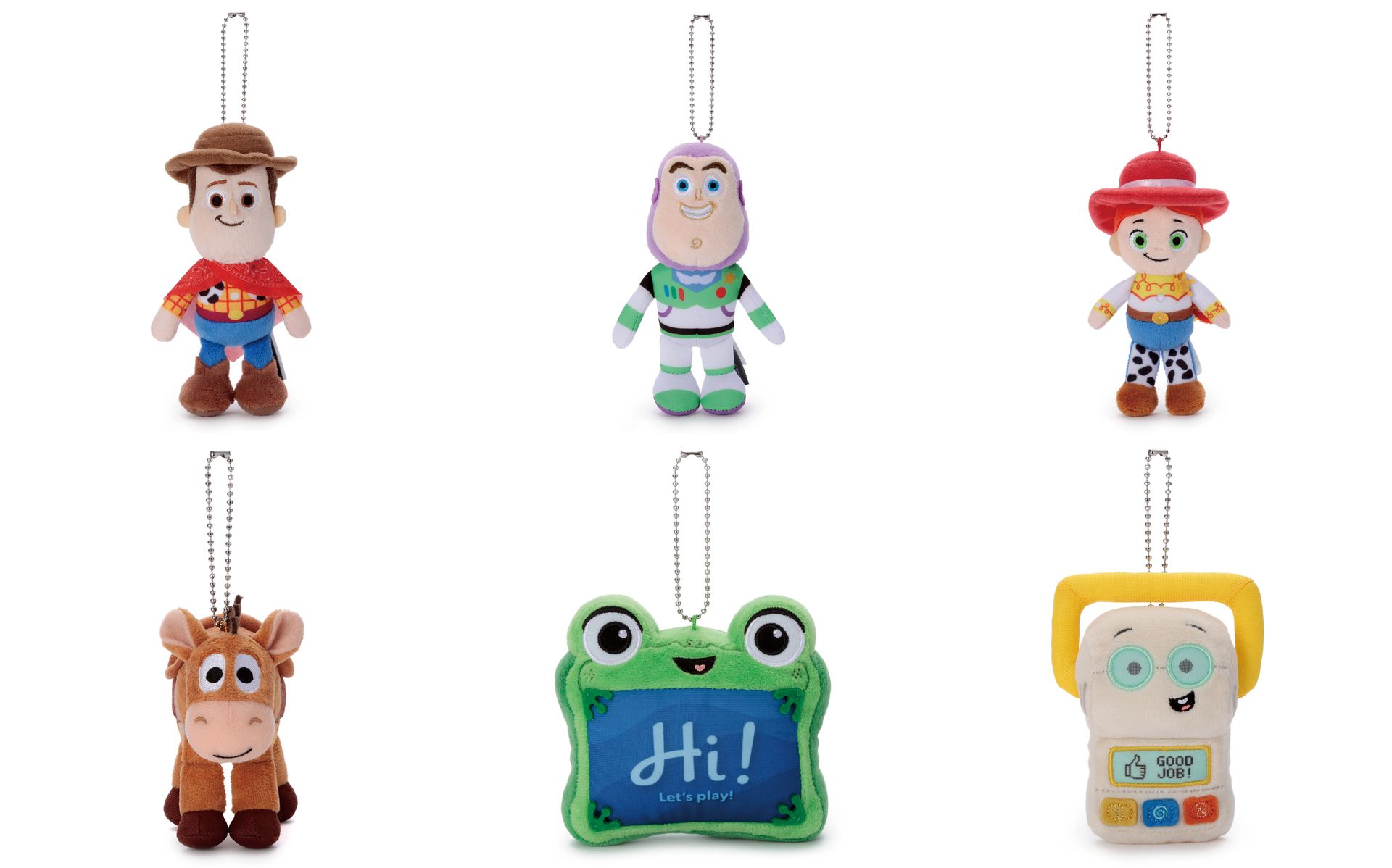 左上からウッディ/バズ・ライトイヤー/ジェシー、左下からブルズアイ/リリーパッド/スマーティー・パンツ