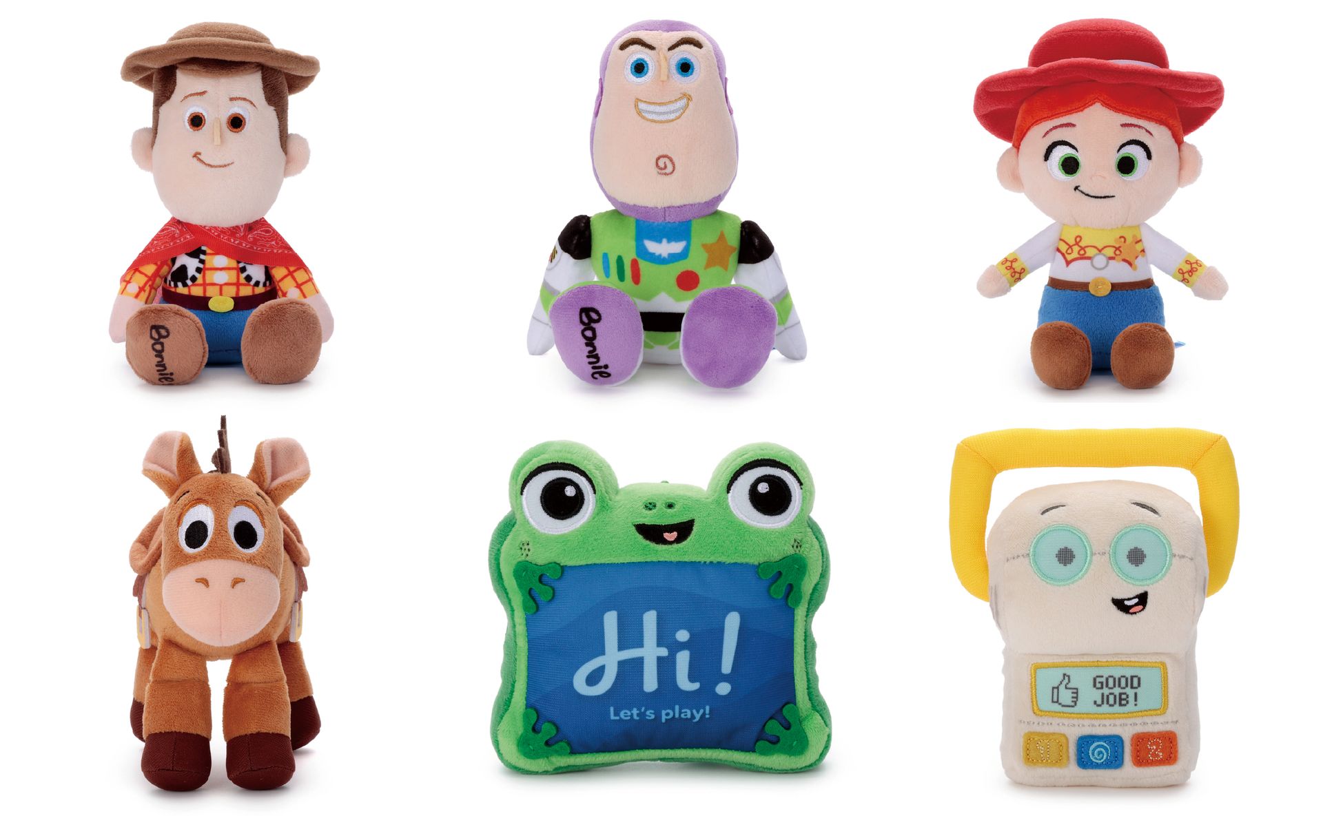 左上からウッディ/バズ・ライトイヤー/ジェシー、左下からブルズアイ/リリーパッド/スマーティー・パンツ