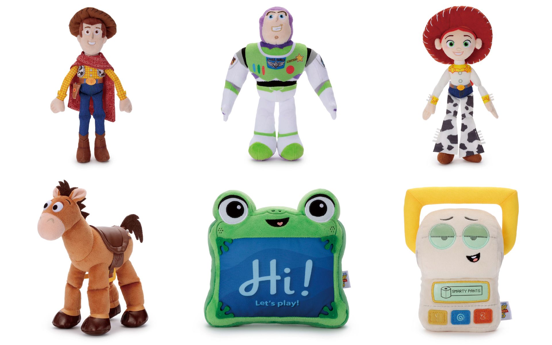 左上からウッディ/バズ・ライトイヤー/ジェシー、左下からブルズアイ/リリーパッド/スマーティー・パンツ