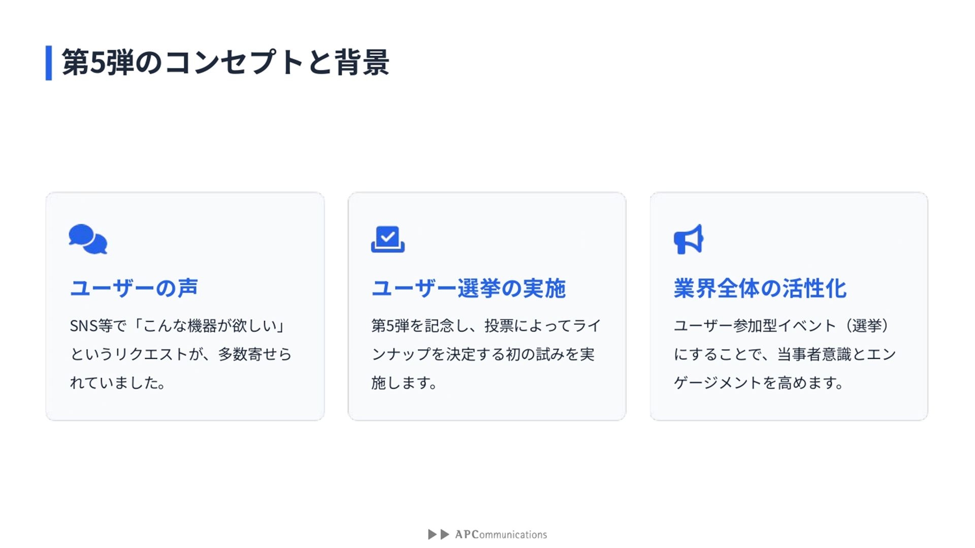 第5弾のコンセプト。ユーザー選挙の実施により、業界全体の活性化を狙う