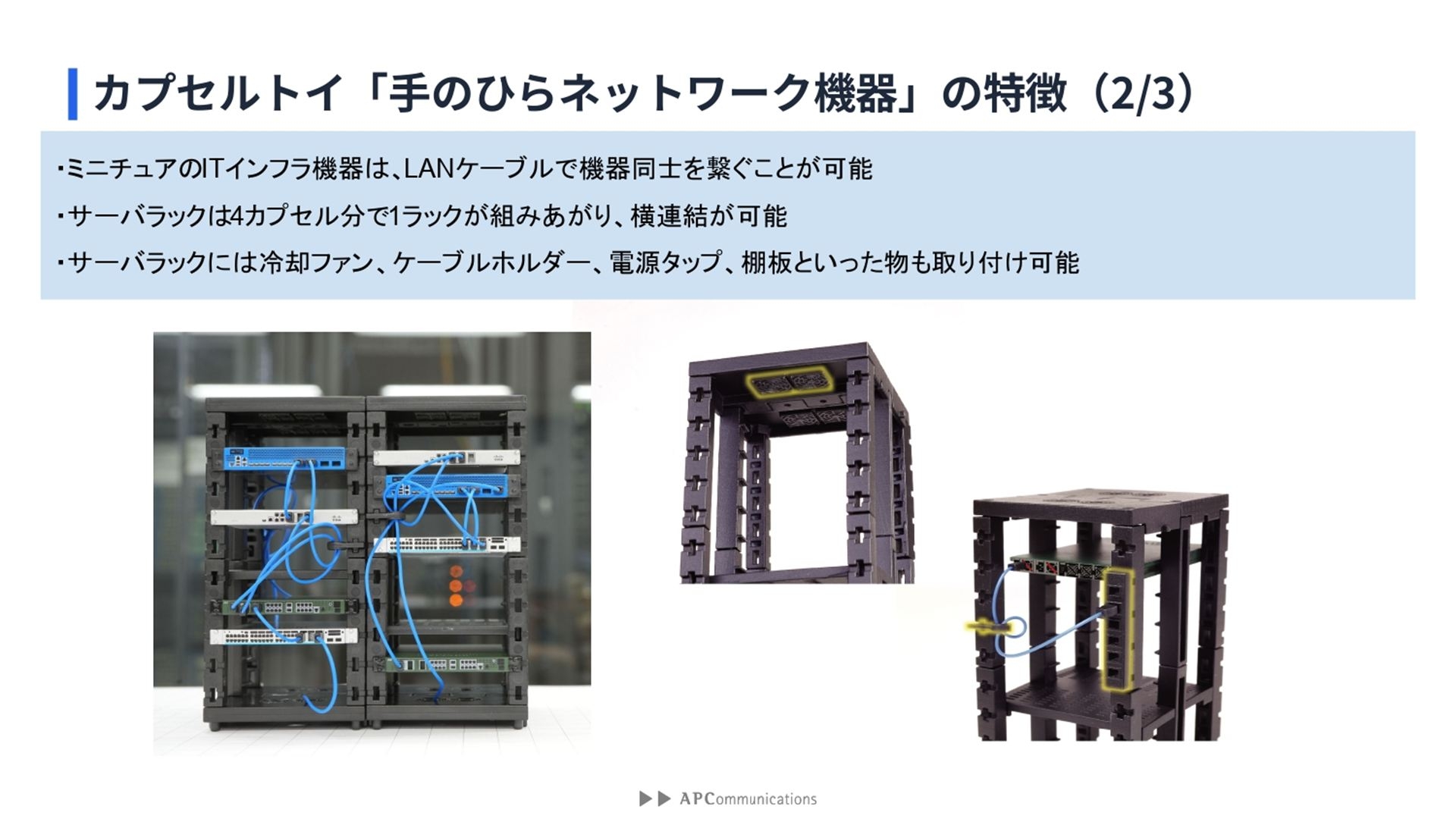 また、LANケーブルで機器同士を繋ぐことができるだけでなく、サーバーラックパーツも入っており、4カプセル分で1ラックが組み上がる