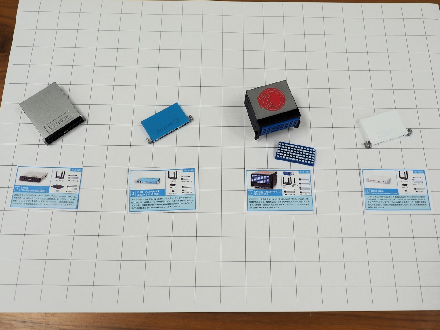 第4弾のラインナップ。左から「ThinkSystem DM3200F」、「SmartCS NS-2260」、「XSOS-576DLC」、「Zabbix Enterprise Appliance ZS-7700」