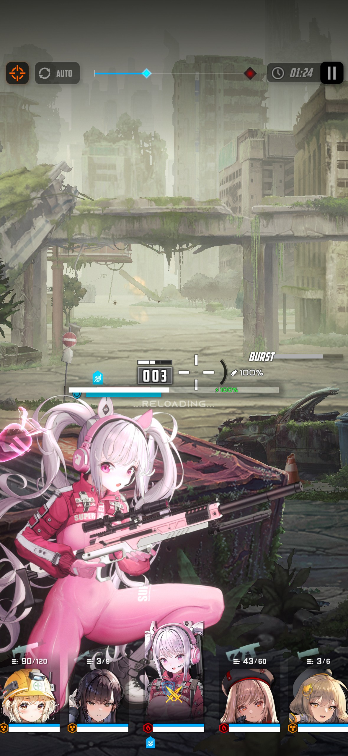 戦闘画面。アリスはスナイパーライフルで戦う。射撃時、プレーヤーの前にはボリュームのあるお尻がアップになり、しかも射撃時は肉感的に揺れる。「勝利の女神：NIKKE」はこの女の子達のセクシーな射撃姿でも人気を集めた。アリスはその中でも特にセクシーな衣装を着ているのだが、彼女が戦うシーンではピントがスナイパーライフルの照準内にあってしまう仕様なため、せっかくの大きなお尻の描画がぼやけたように描写されてしまうのが少し残念だ
