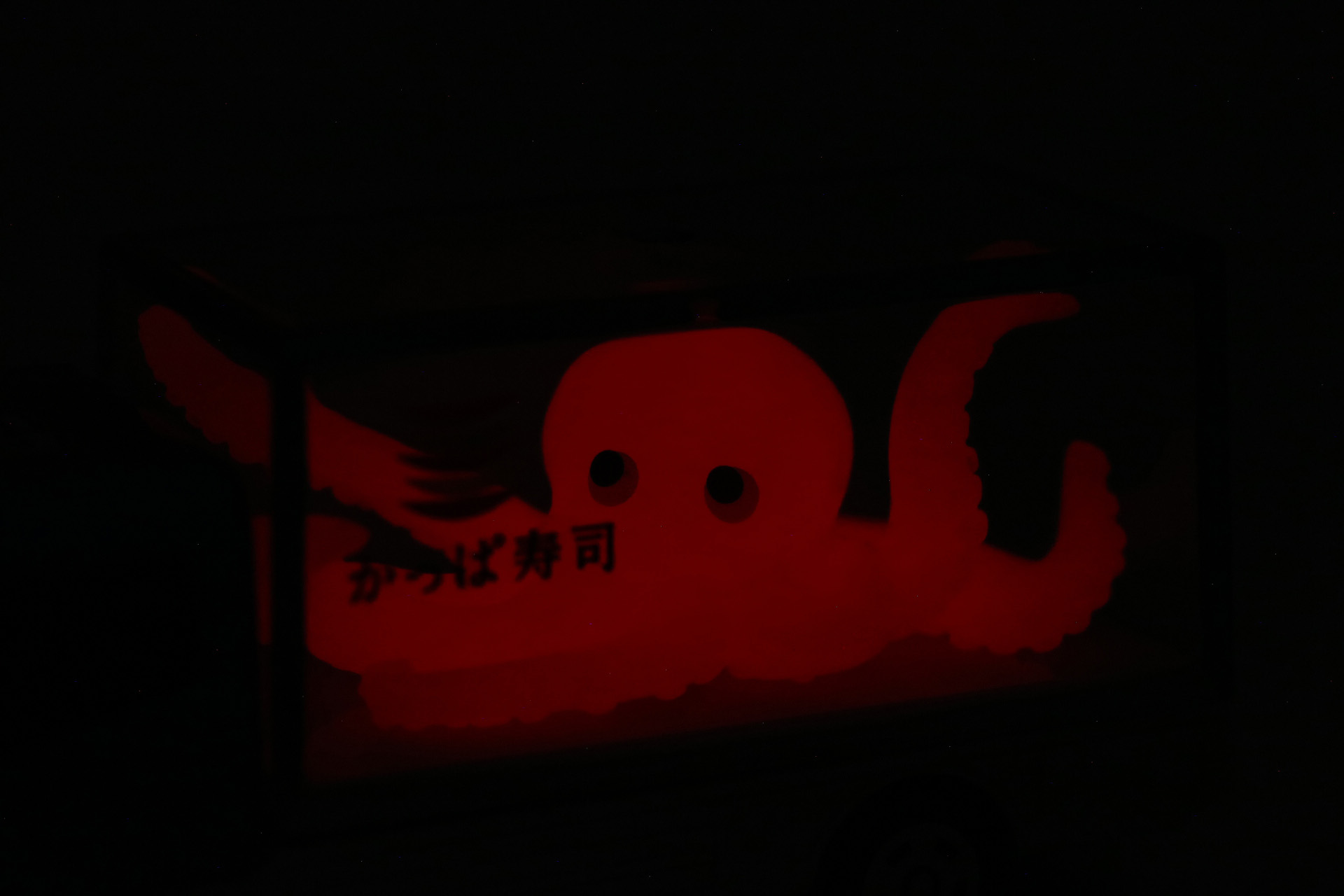 蓄光素材によって暗所で赤く光るたこ