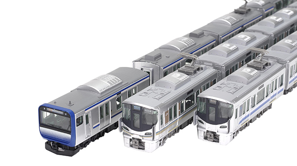 鉄コレポケット第1弾「東西JR快速電車編」。JR東日本 E235系1000番代（横須賀・総武快速線）、JR西日本 225系100番代（新快速）、JR西日本 225系5100番代（関空・紀州路快速）を収録