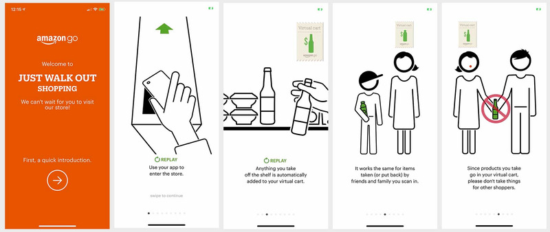 Amazon Goアプリ。使い方のチュートリアルなどもある。同じアプリを複数回使って認証することで、家族連れなどでも来店OK。唯一禁止されているのは、買い物を店内で他人に手渡すことだけ